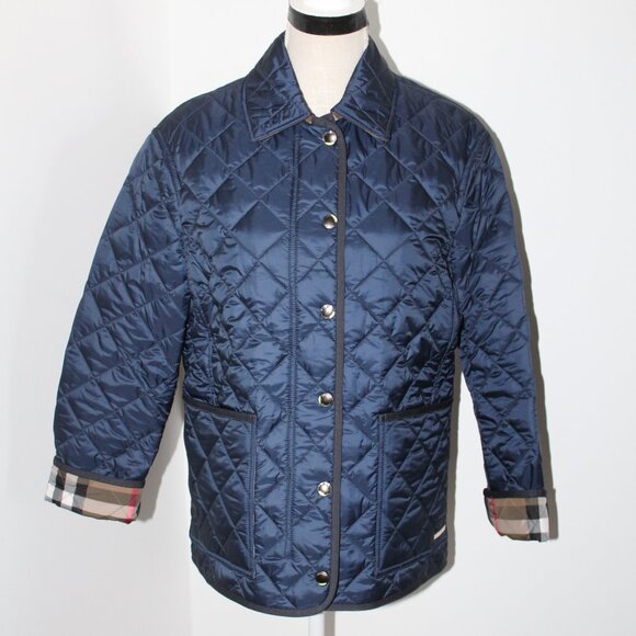 NWT Burberry Dalry Navy Quilted Nova Check Plaid Lined Snap Front Jacket Coat M - Picture 2 of 12